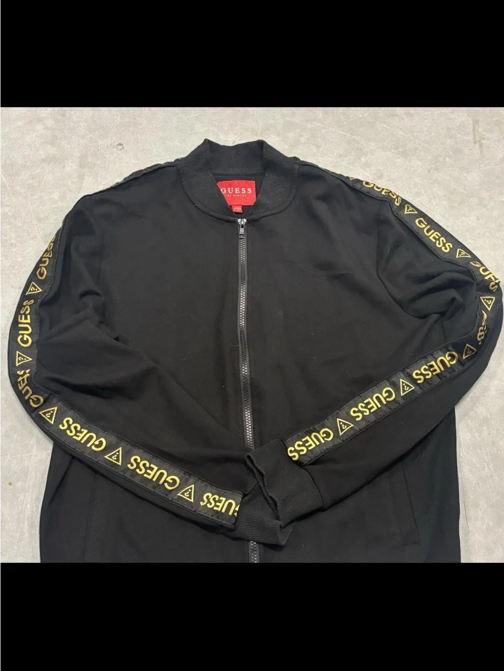 Guess Los Angeles Y2K Track Jacket Mens M Black Full Zip Gold Logo Sleeve Tape